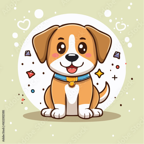 Adorable Puppy Cartoon Illustration with Playful Confetti Background and Heart Details