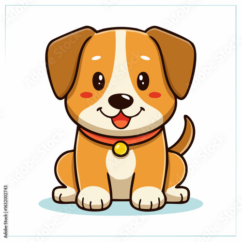 Adorable cartoon dog with big eyes and a collar sitting patiently on white background