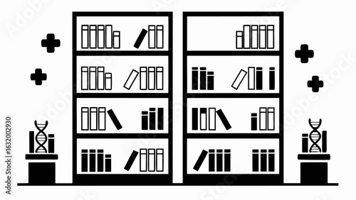 Illustration of two bookshelves filled with books flanked by dna helixes and plus signs in black and white silhouette