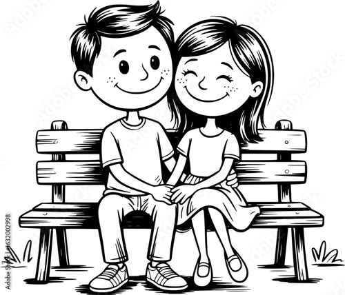 Couple Sitting Together: A heartwarming monochrome illustration depicting a couple, hand in hand, sitting closely on a park bench, sharing a moment of intimacy.