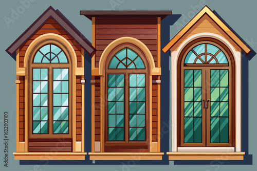 vector of Three models of wooden windows designed for building a house. New example... placed next to a white wall.