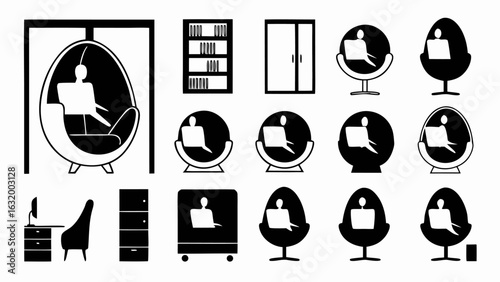 Illustration of various office furniture and seating arrangements including desks chairs and pod chairs with people 9 silhouette