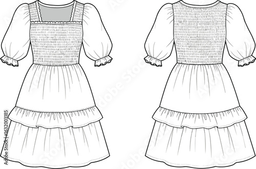 Chic women’s puff sleeve dress with smocked bodice and layered ruffle skirt, casual yet stylish midi dress for summer, spring, and everyday wear