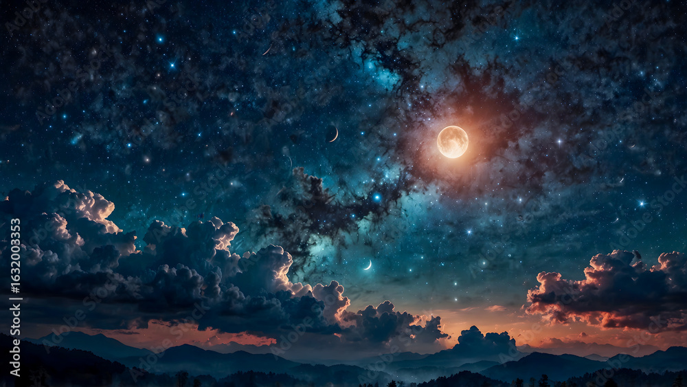 Naklejka premium Dreamy Night Sky with Full Moon and Clouds over Mountains