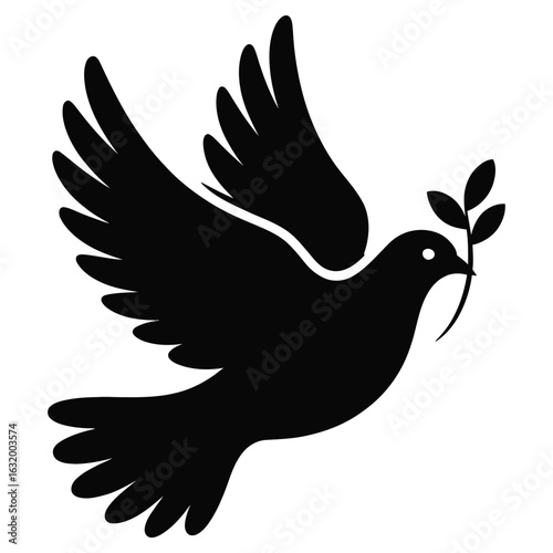 Black silhouette of a dove with a branch in its beak bird flight