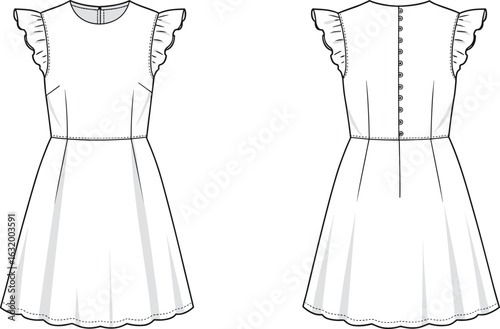 Elegant women’s sleeveless A-line dress with ruffle cap sleeves and back button closure, perfect for casual, summer, or party wear