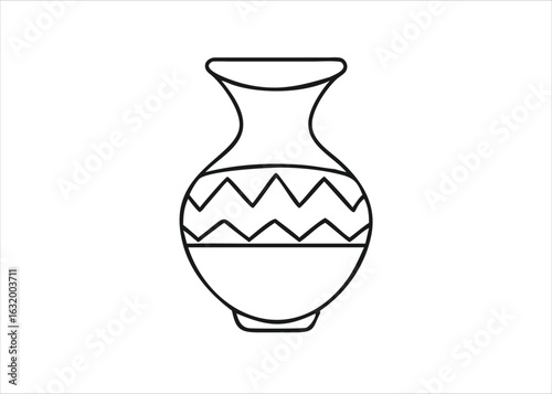 Elegant black and white line art depicting an artistic patterned vase with intricate details isolated on white background
