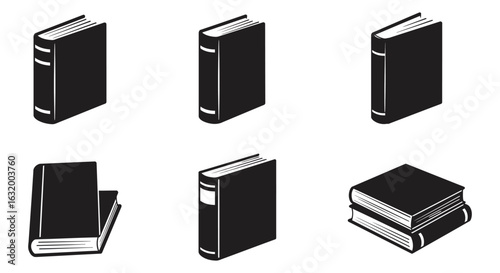 Collection of six isometric black book silhouettes in various open and closed positions silhouette. vector design. Silhouette vector design illustration
