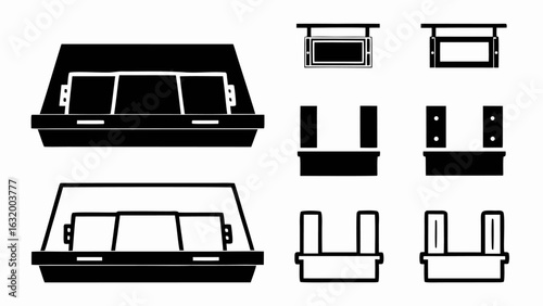Black and white illustration showcasing different views of a truck topper design with various attachments silhouette