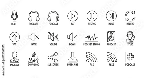 Collection of black outline icons for podcasting and audio streaming Minimalist line art symbols for media player interfaces and broadcasting.