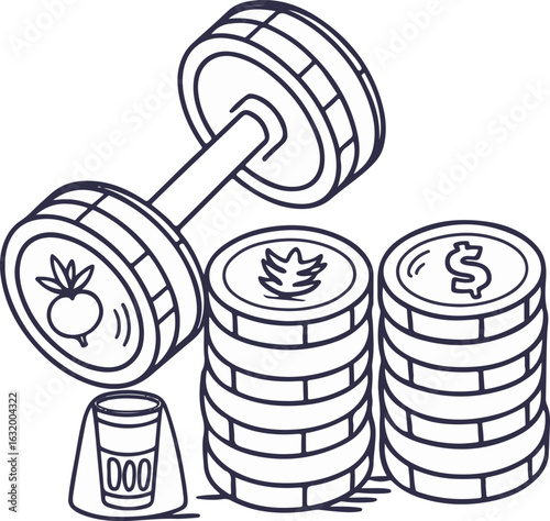 Fitness and Finance Concept Illustration with Dumbbell, Coins, and Protein Shake