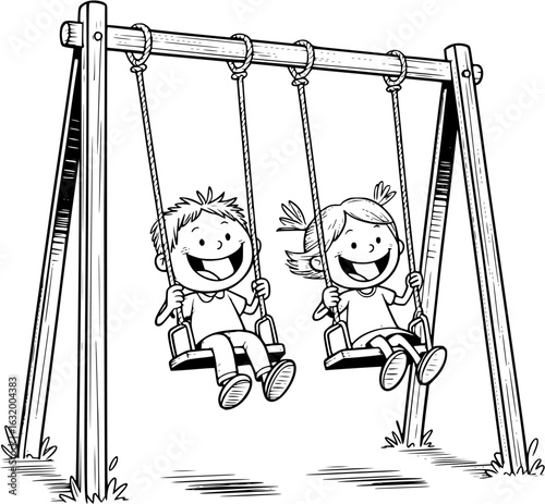 Joyful Swings: Two young children, filled with elation and glee, soar high on swings in a sun-drenched park setting, embodying childhood delight.