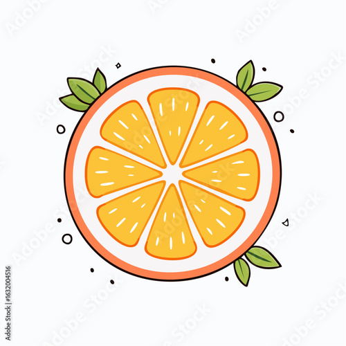 Vibrant citrus slice illustration with green leaves and playful design elements surrounding it