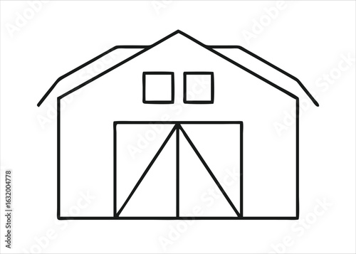 A simple graphic representation of a barn or shed structure with a solid or glyph style presented clearly isolated on white background