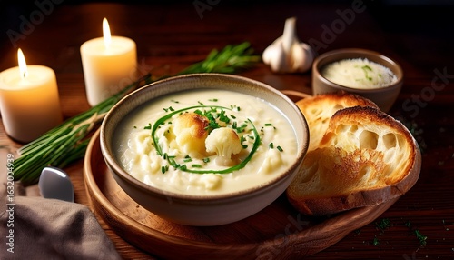 a rustic bowl of creamy cauliflower soup garnished with chives and a dollop of cream is served with toasted bread alongside softly glowing candles