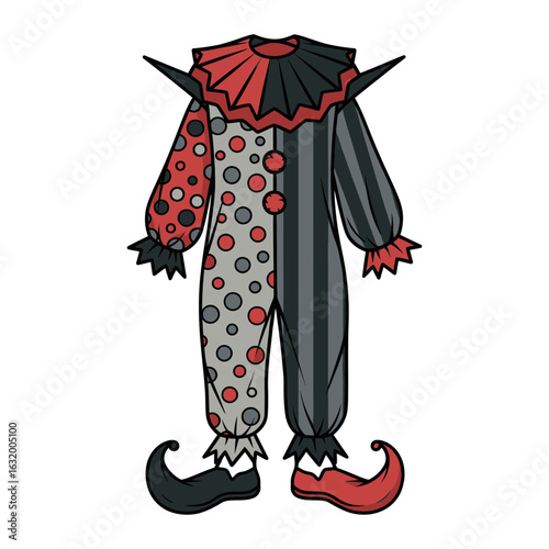 Clown costume with red and black pattern isolated on a black background.