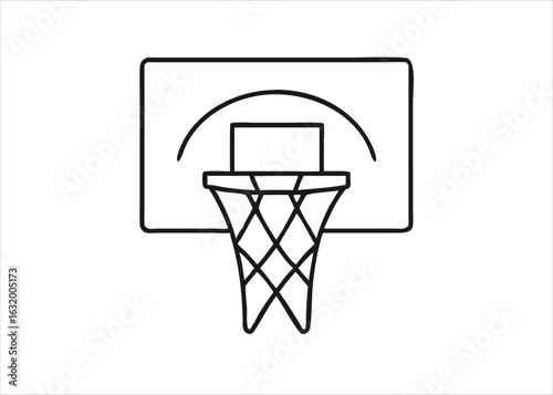 A striking solid black silhouette graphic representation of a basketball hoop and net perfect for sports themed designs isolated on white background