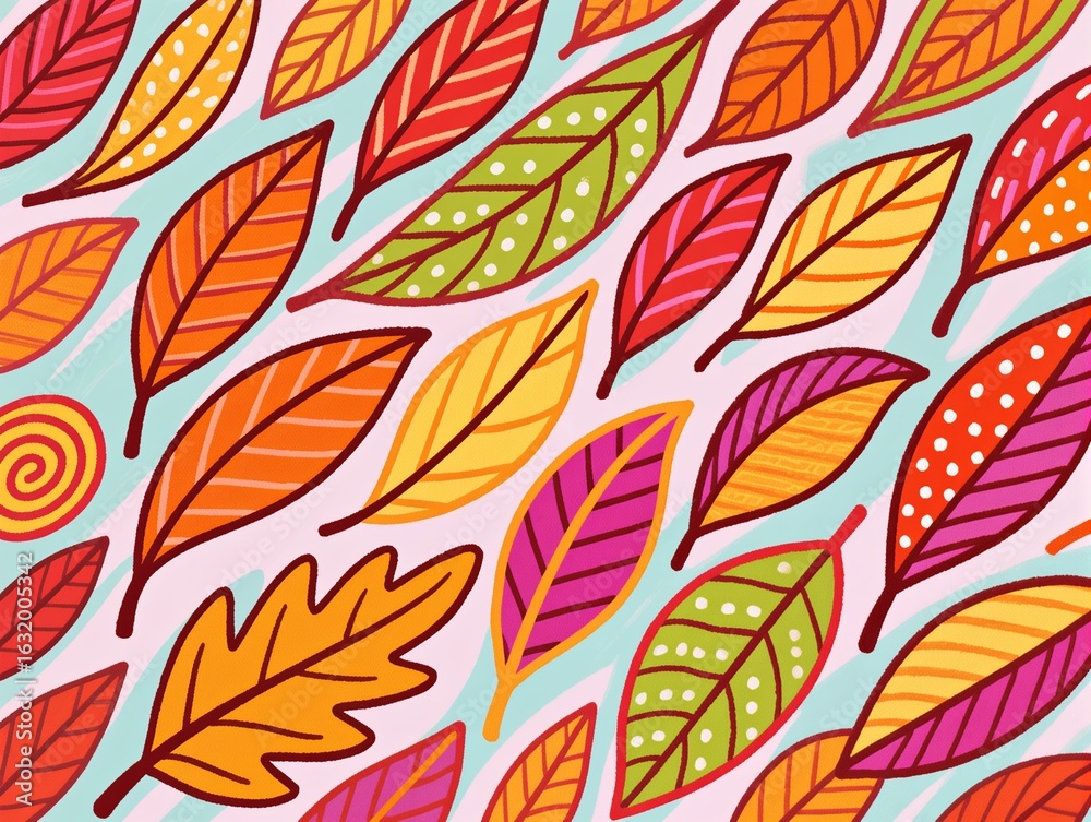 Obraz premium Colorful Leaves with Patterns on Light Blue Background