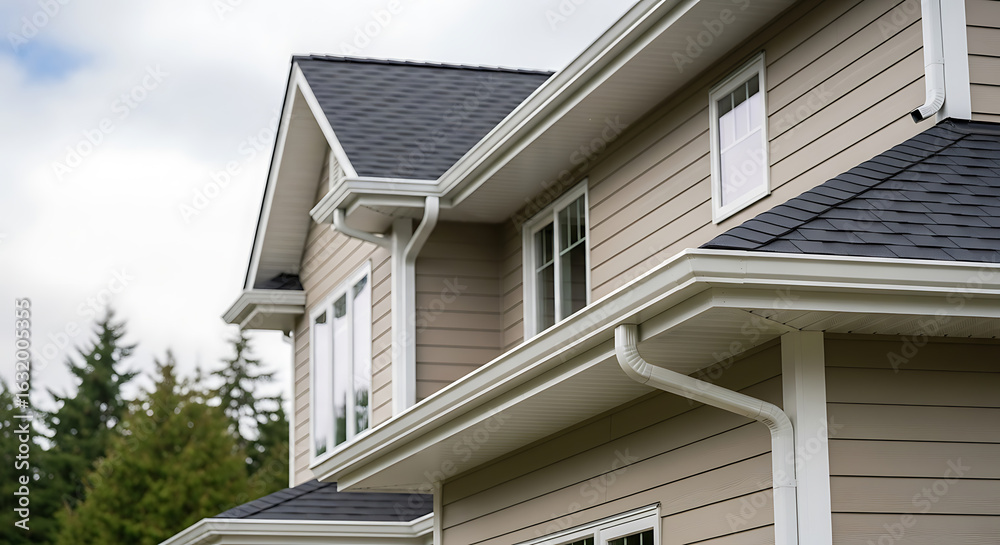Fototapeta premium Exterior home architecture featuring pristine gutters and neutral toned vinyl siding on a cloudy