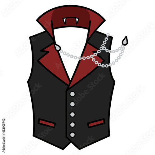 Black vest with red lapels and a silver chain on a black background.