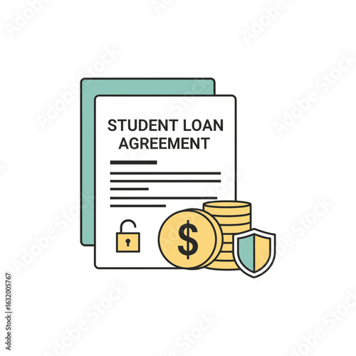 Student loan agreement document with coins and security icons on a black background.