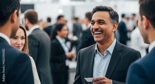 Business professionals engaging in conversation at a networking event.