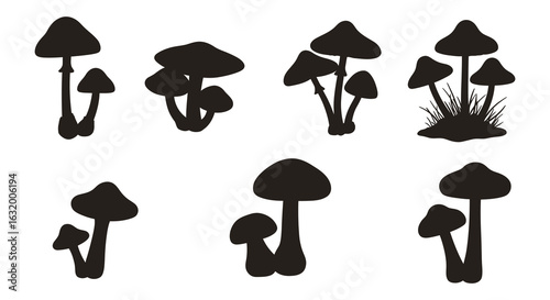 Collection of various mushroom silhouettes in a simple graphic design style silhouette. vector design. Silhouette vector design illustration
