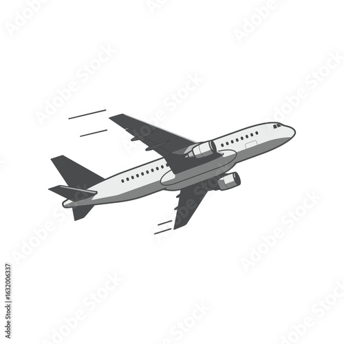 Airplane takes flight against a black background.