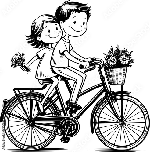 Love's Pedal: A charming illustration depicts a young couple joyfully pedaling a bicycle, flowers in the basket, celebrating the beauty of their bond.