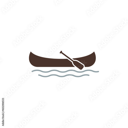 A brown canoe with paddle on water waves against a black background.