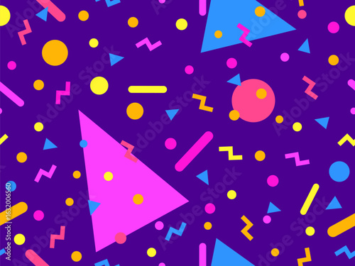 Geometric seamless pattern with memphis elements in 80s style. Colorful pattern with different geometric shapes. Design for packaging, covers, wrapping and promotional products. Vector illustration