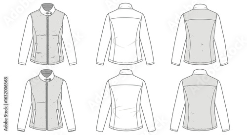 Technical fashion design sketches of a puffer jacket with front back and side views silhouette. vector design. Silhouette vector design illustration
