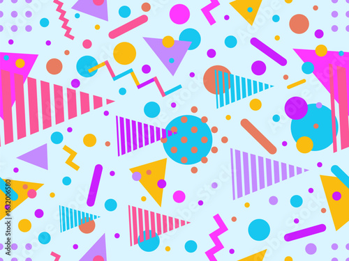 Geometric seamless pattern with memphis elements in 80s style. Colorful pattern with different geometric shapes. Design for packaging, covers, wrapping and promotional products. Vector illustration