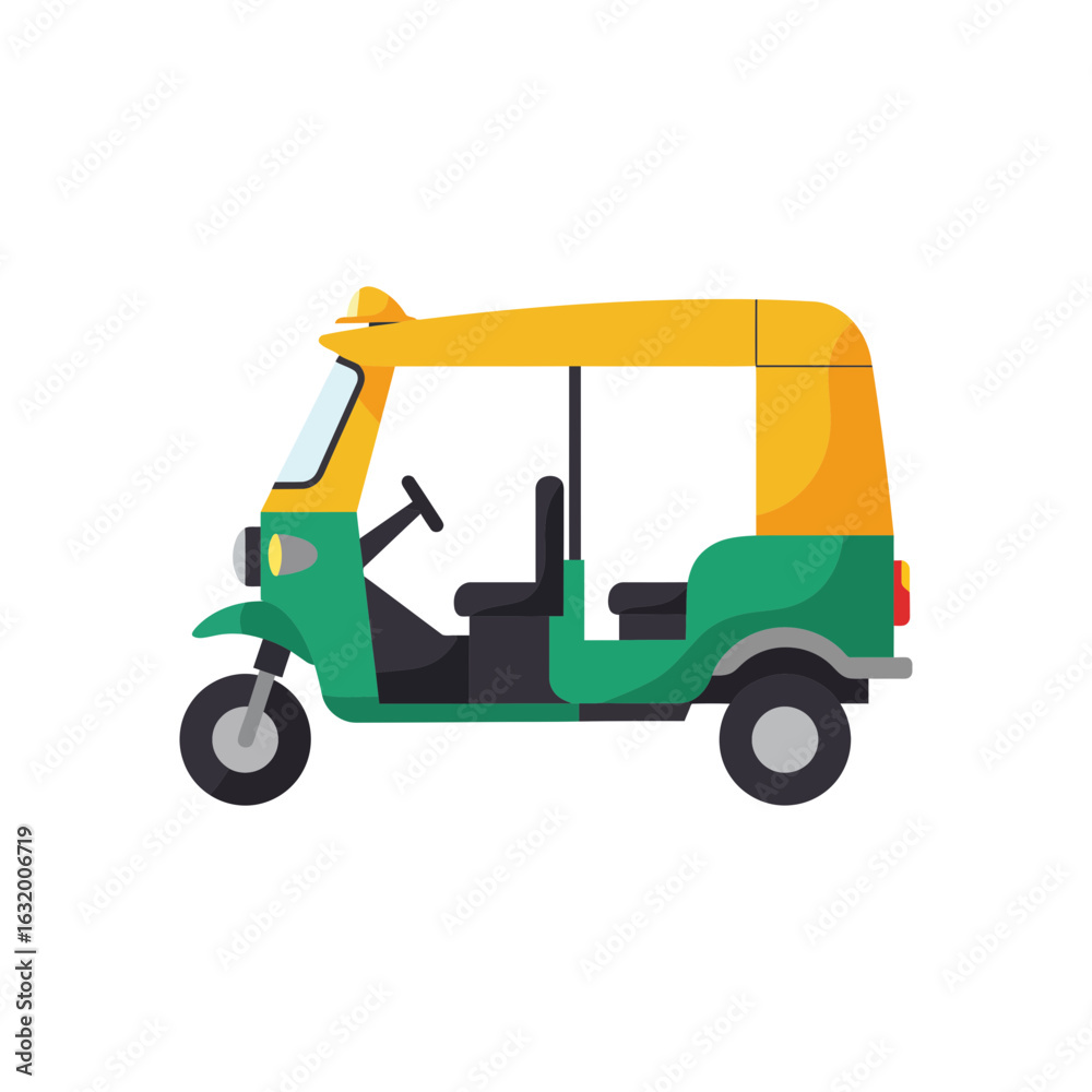 Obraz premium A green and yellow auto rickshaw vehicle is depicted on a black background.