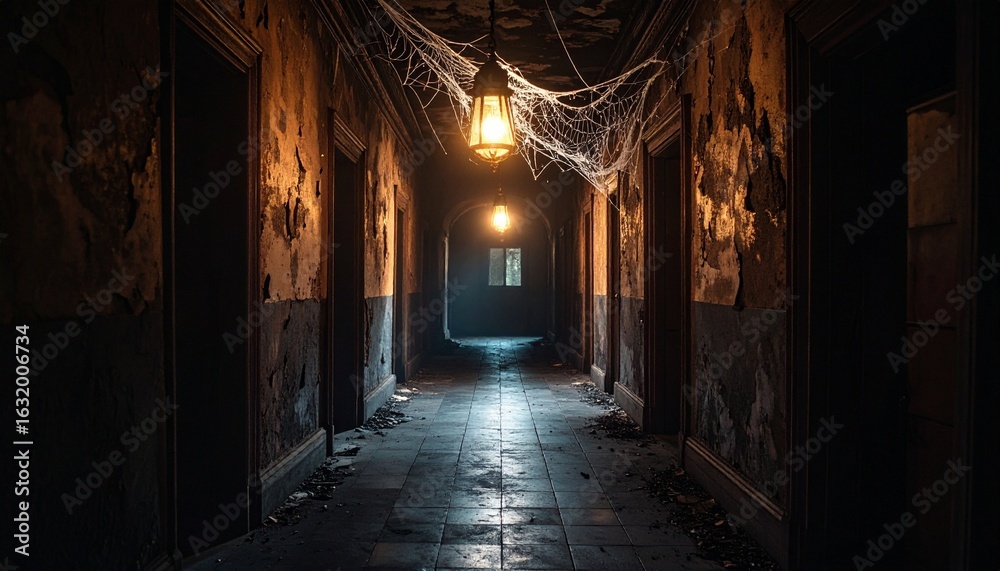 Fototapeta premium Spooky abandoned hallway with cobwebs and flickering light