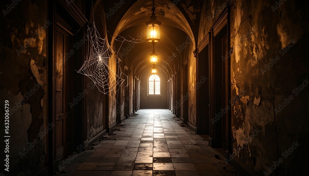 Fototapeta premium Spooky abandoned hallway with cobwebs and flickering light
