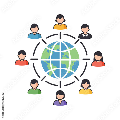 People icons surround a globe connected by lines on a black background.