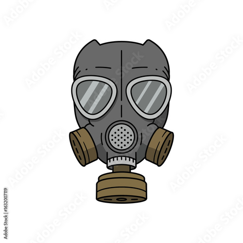Gray gas mask with clear lenses isolated on a black background.