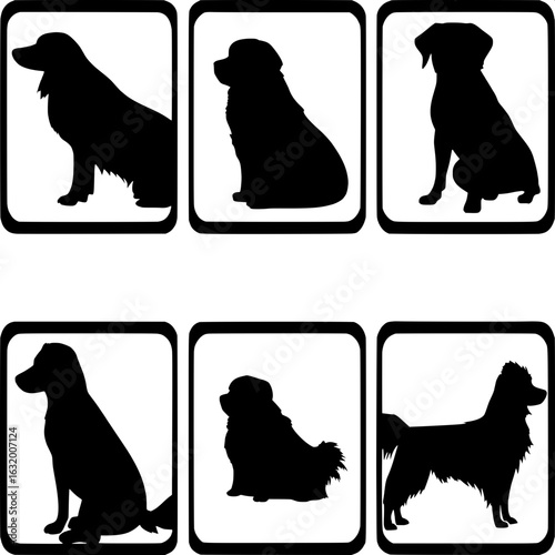 “Design six stylized dog silhouettes in a 2x3 grid layout on a white background. The dogs should be shown in profile, using simple black outlines with minor line variation for fur texture. Include a m