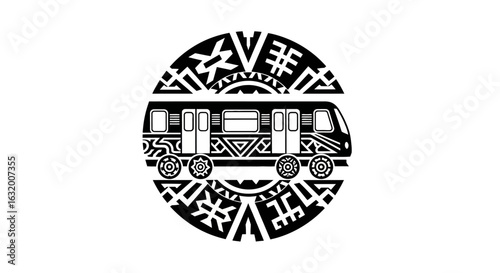 A black and white graphic depicts a subway train inside a circular emblem with stylized, geometric patterns.