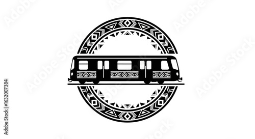 Black and white illustration of a subway train inside a decorative circular border with tribal-inspired geometric patterns.