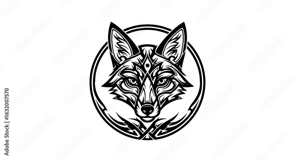 Fototapeta premium Stylized black and white fox head illustration within a circular frame, featuring intricate line work and decorative elements.