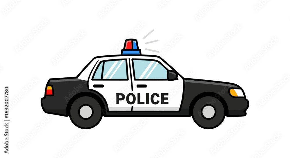 Fototapeta premium Cartoon illustration of a black and white police car with a blue and red light on top, isolated on a white background.