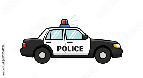 Cartoon illustration of a black and white police car with a blue and red light on top, isolated on a white background.