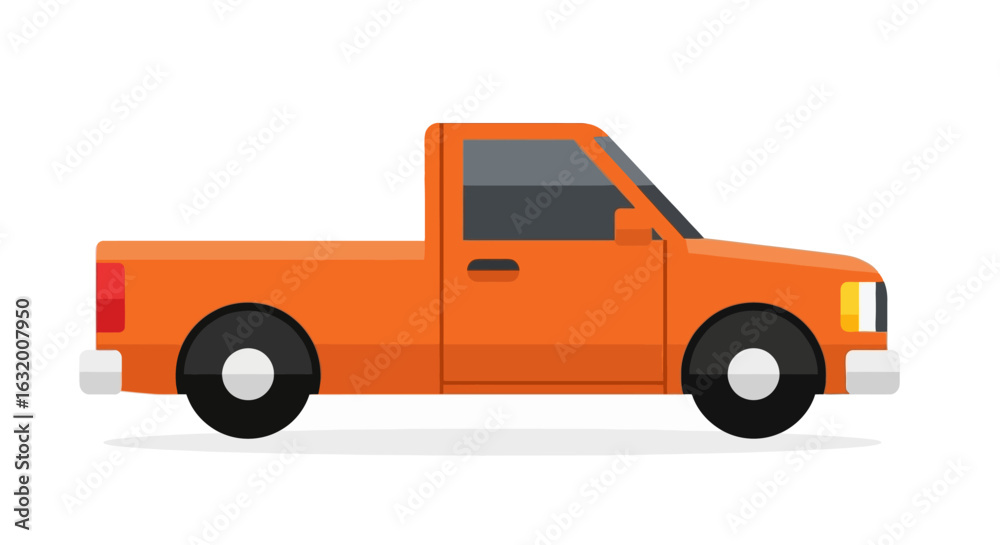 Fototapeta premium A side view illustration of an orange pickup truck with a single cab and a white bumper, isolated on a white background.