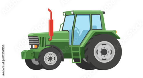 A green tractor with a red exhaust pipe is depicted against a white background in a vector illustration.