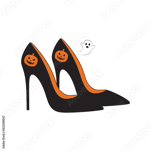 Two black high heel shoes decorated with orange pumpkin faces on black background.
