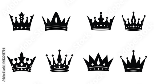 Collection of eight ornate black crown silhouettes with detailed designs and regal flair silhouette. vector design. Silhouette vector design illustration
