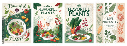 Set of four posters featuring vibrant plant-based dishes and fresh vegetables