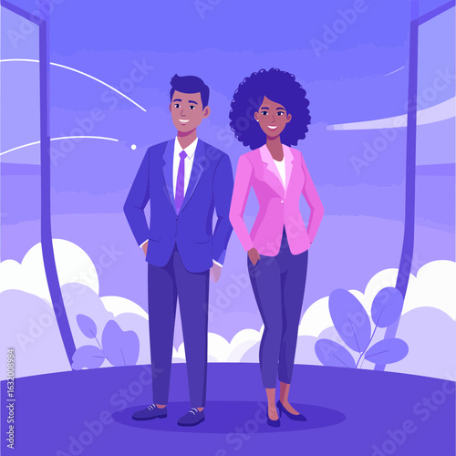 Two business people stand in front of a large window with a cloudy sky.